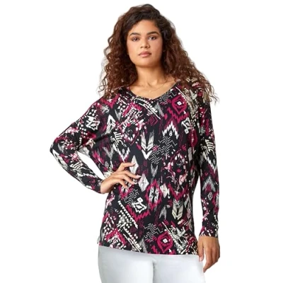 Image of Roman Originals Stripe Print Tunic Stretch Top for Women UK Ladies Everyday Autumn Winter V Neckline Comfy Soft Evening Vacation Work Party Night Out Bordeaux Size 12