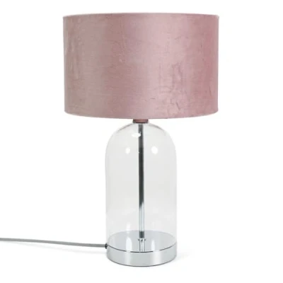 Image of Glass and Silver Chrome Metal Bedside Table Lamp with a Blush Pink Velvet Lampshade Living Room Bedroom Light