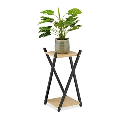 Image of Relaxdays Plant Stand, 2 Tiers in Wooden Look, Modern Pot Holder with Crossed Legs, HWD: 57 x 29 cm, Light Brown, Steel