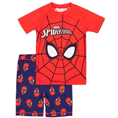 Image of Marvel Spider Man Swimsuit for Boys Red Blue Character Mask Web Two Piece Top Shorts Bathing Suit Swim Set Kids Superhero Swimwear