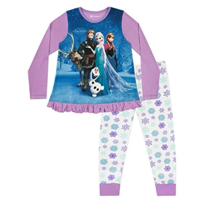 Image of Disney Frozen Pyjamas Long Sleeve Princess Girls Pjs Anna Elsa Kristoff Olaf &amp; Sven 100% Cotton Girls&#039; Pyjama Sets Age 7 8 Years Multicoloured