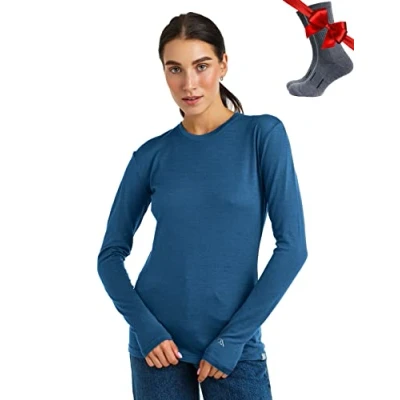 Image of Merino.tech Merino Wool Base Layer Women 100% Lightweight Long Sleeve Thermal Shirts + Socks (Large, 165 Denim Blue)