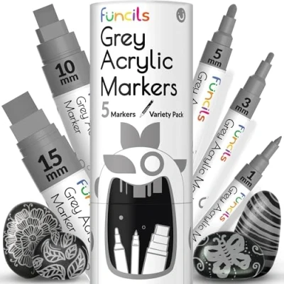 Image of 5 Grey Acrylic Paint Pen Fine Tip, Thin Point &amp; Jumbo Pens (1mm, 3mm, 6mm, 10mm, 15mm) Gray Marker for Fabric, Canvas, Wood, Rock Painting, Tire, Metal, Glass Water based ink