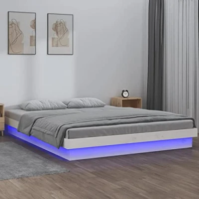 Image of vidaXL Solid Pine Wood Bed Frame with Colourful LED Lights Modern White Double Platform
