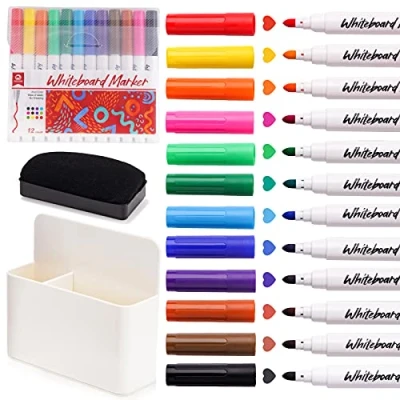 Image of NiArt Whiteboard Magnetic Dry Erase Marker Holder Set, 12 Colors Fine Markers, Whiteboard, Eraser for School Office Home