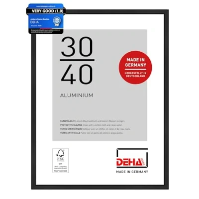 Image of DEHA Design Boston Photo Frame 30x40cm, Aluminium Picture Frame, Black with Protective Acrylic Glazing and Push Turn Clips Jet Matt