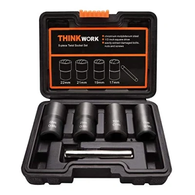 Image of THINKWORK Twist Socket Set Lug Nut Remover Extractor Tool 5 Piece Metric Bolt and Tools 17mm, 19mm, 21mm 22mm