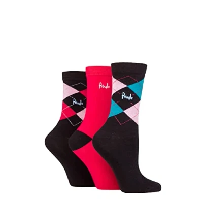Image of Women&#039;s 3 Pair Pringle Louise Argyle Cotton Socks Black Darks 4 8 Ladies