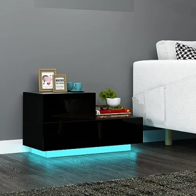 Image of Bedside Table, Modern Side Table with 2 Drawers, Wooden Nightstand LED Light High Gloss for Living Room Bedroom Black