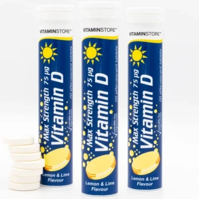 Image of Vitamin Store D Effervescent Tablets, 3 Packs of 20 High Strength Supplement Max 75ug Lemon &amp; Lime Flavoured Vegan Tablets To Support Bone Health Healthy Immune System