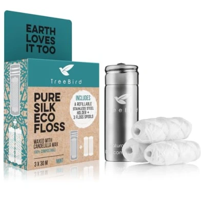 Image of Biodegradable Dental Floss by TreeBird Refillable &amp; Reusable Zero Waste Steel Dispenser 3x33yd Waxed Natural Cruelty Free Peace Silk Spools 100% Compostable Eco Friendly Plastic Oral Care