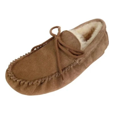 Image of Sheepskin World Susie Ladies Wool Mix Suede Womens Moccasin Slippers (Chestnut, UK Footwear Size System, Adult, Women, Numeric, Medium, 3)