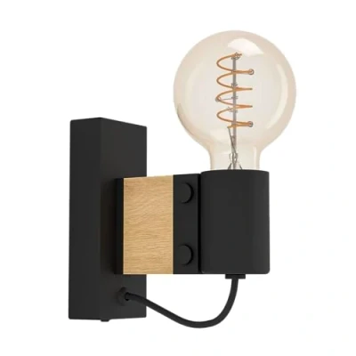 Image of Eglo Wall Light Fixture Bailrigg, Wooden Indoor lamp, FSC100HB, Living Room and Hallway Lighting, Spotlight Made of Natural Wood Black Metal, E27 Socket