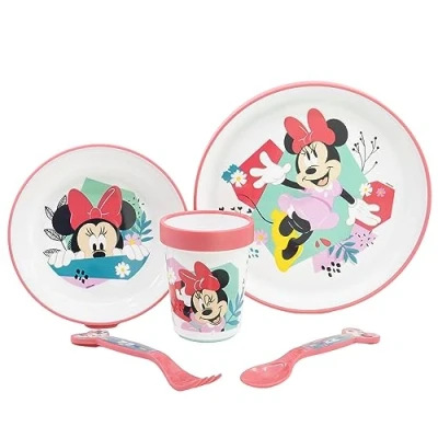 Image of 5 Piece Children&#039;s Crockery with Non Slip Base Plate, Bowl, 260 ml Glass and Cutlery BPA Free Minnie Mouse Being More