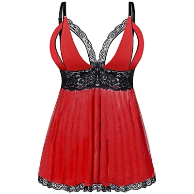 Image of EVELIFE Women Sexy Plus Size Babydoll Dress Lace Lingerie Chemise Nightwear Set with G String(Red, Medium)