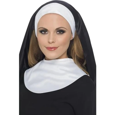 Image of Smiffys Nun&#039;s Kit, Black &amp; White with Headpiece and Collar, Saints Sinners Fancy Dress, Nun Dress Up Accessories