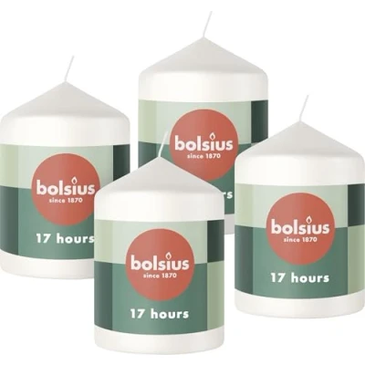 Image of Bolsius Pillar Candles White 4 Pack 8 x 6 cm Decorative Household Long Burning Time of 17 Hours Unscented Includes Natural Vegan Wax Without Palm Oil