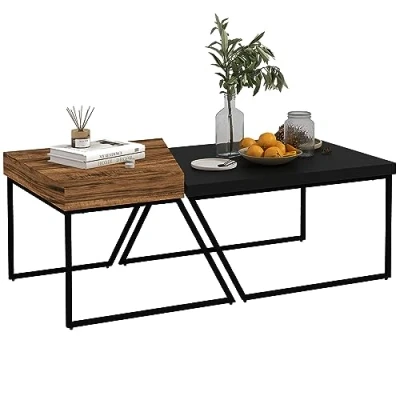 Image of HOMCOM Coffee Table Set of 2, Industrial Nesting with Steel Frame and 8cm Thick Tabletop, Sofa Side End for Living Room, Rustic Brown