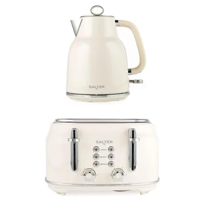 Image of Salter Retro Kettle &amp; Toaster Set 1.7L Fast Boil with Removable Limescale Filter, 4 Slice Wide Slot Toaster, Thick Bread, High Lift Eject, Blue Indicator Lights, 3kW/1630W, Cream, COMBO 9352