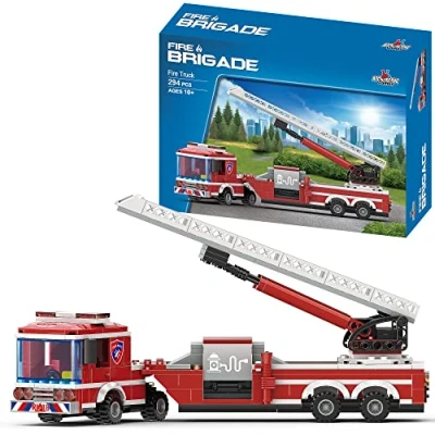 Image of APOSTROPHE Games Fire Truck Building Block Set, Fighter Blocks (Extended Ladder Firetruck), 294 Pieces