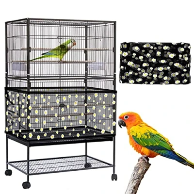 Image of Yepper Large Bird Cage Cover, Seed Catcher, Adjustable Soft Nylon Mesh Net with Daisy Pattern, Birdcage Cover Skirt Guard for Parrot Parakeet Macaw Round Square Cages (Black)