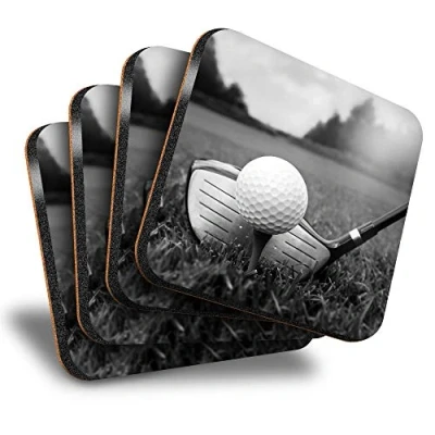 Image of Destination Vinyl ltd Great Coasters (Set of 4) Square BW Golf Ball Sports Drink Glossy Coasters/Tabletop Protection for Any Table Type #41480