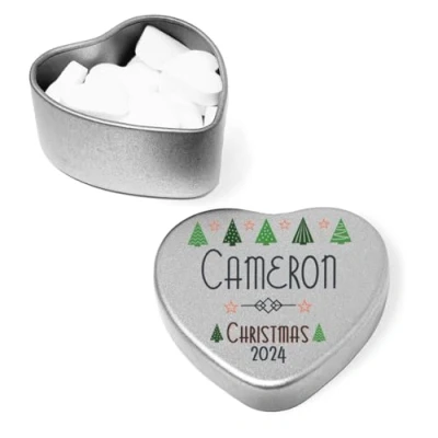 Image of Luxury Personalised Name Christmas 2024 Place Settings Mini Heart Shaped Tin Xmas Dinner Table Art Deco Trees filled with mints