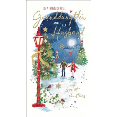 Image of Granddaughter and Her Husband Christmas Card Ice Skating Couple Artistic Festive Design Special Finishes Illustrated Insert Leaf Made in the UK