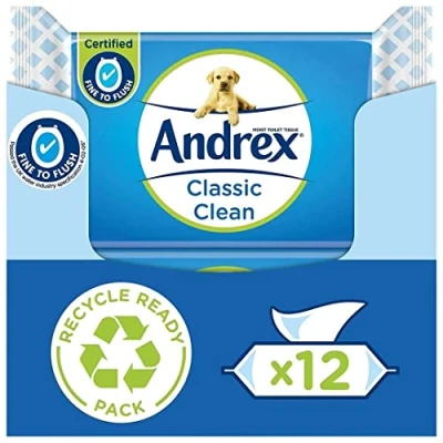 Image of Andrex Classic Clean Washlets Toilet Tissue Wet Wipes with Micellar Water 12 Packs (480 tissues) Flushable for a Shower Fresh Biodegradable and Plastic Free