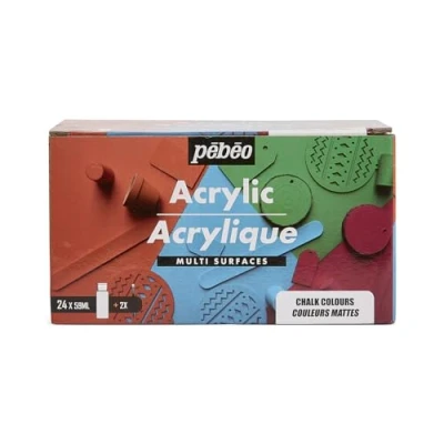 Image of PEBEO Acrylic Multi Surfaces Set 24 Bottles 59ml Matte Assorted Colours + Accessories Painting Kit for Artist and Beginner 2 Brushes Luminous Opaque