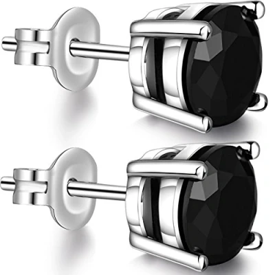 Image of Black Diamond Earrings, Stud Earrings for Men Women Sterling Silver Cubic Zirconia Fake CZ Studs Mens 7MM