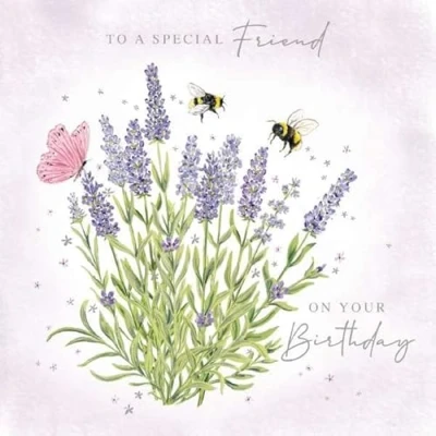 Image of Noel Tatt Artistic Special Friend &#039;Happy Birthday&#039; Greeting Card Lavender &amp; Bumblebee Illustration From The Tranquility Range