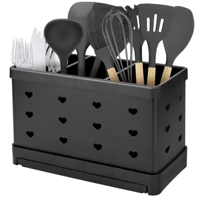 Image of SIMDAO Cutlery Drainer, Stainless Steel Utensil Holder, Holder Drainer with 3 Compartments, Kitchen Utensils Organizer, Black Countertop Drying Cooking Tools Set Storage Pots