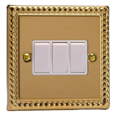 Image of Varilight 3 Gang 10A 1 or 2 Way Switch Classic Georgian Brass with White Rockers