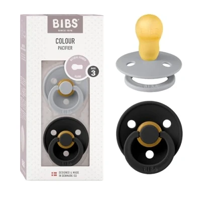 Image of BIBS Colour Soother 2 Pack, BPA Free Dummy Pacifier, Round Nipple. Natural Rubber Latex, Size 3 (18+ Months), Cloud/Black