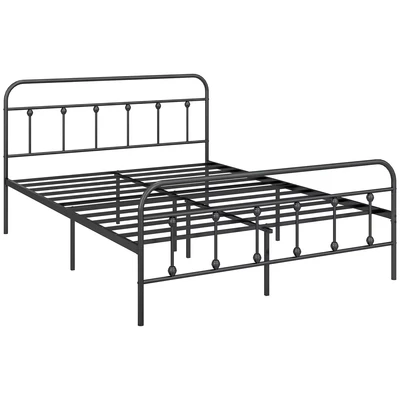 Image of HOMCOM 4ft Double Bed frame with Underbed Storage, Metal Platform Tall Headboard, Footboard and Steel Slat Support, No Box Spring Needed, Easy Assembly, Black