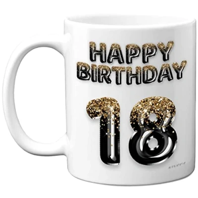 Image of 18th Birthday Gift for Men Black Gold Glitter Balloons Happy Mug Present 18 Year Old Son Brother Grandson Cousin Friend, 11oz Ceramic Dishwasher Safe Coffee Mugs Cup