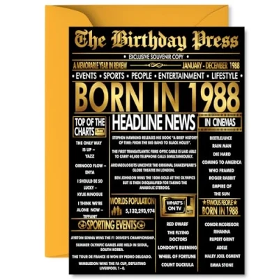 Image of Gold 37th Birthday Card for Men Women Black &amp; Golden Newspaper Born in 1988 Happy 37 Cards Sister Cousin Son Brother Husband Auntie, A5 Bday Greeting