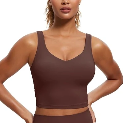 Image of CRZ YOGA Butterluxe Womens V Neck Padded Sports Bra Longline Workout Crop Tank Top with Built in Taupe XS