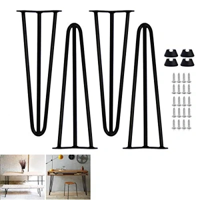 Image of 4 x Hairpin Legs 40cm 16 inch Black 3 Rod Bench Leg Metal Heavy Duty Industrial Style 10mm Sturdy Construction for DIY Works