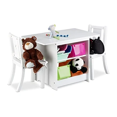 Image of Relaxdays Children&#039;s ALBUS with Storage Space, 1, 2 Chairs, Kid&#039;s Table Set for Boys and Girls, White, Wood, 46 x 75 56 cm