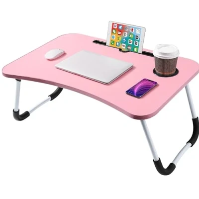 Image of NTEK Laptop Bed Table Lap Standing Desk Notebook Dorm with Foldable Legs &amp; Cup Slot Portable for Eating Breakfast, Reading, Watching Movie on Bed/sofa (PINK)