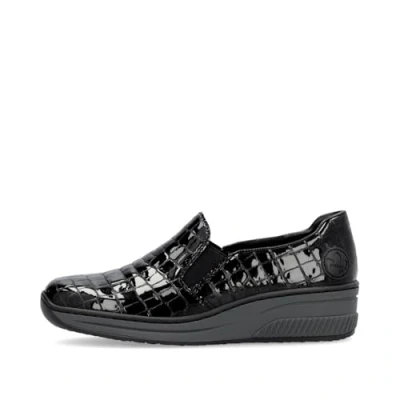 Image of Rieker 48752 Black Patent Leather Slip on Shoes with Wedge Heel (Black Patent, UK Footwear Size System, Adult, Women, Numeric, Medium, 5)