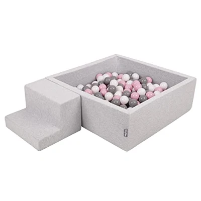 Image of KiddyMoon Foam Playground For Kids With Square Ballpit (200 Balls ∅ 7Cm/2.75In) Soft Obstacles Course And Ball Pool, Made In The EU, Lightgrey:White/Grey/Powderpink
