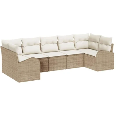 Image of vidaXL 7 Piece Garden Sofa Set with Cushions Beige Poly Rattan