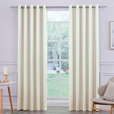 Image of COASTLINE Ultra Soft Cream Satin Blackout Eyelet Curtain Floor Window Treatment Drapes 2 panels for Bedroom, Livingroom, Kids Nursery Room W66 x L54 inch