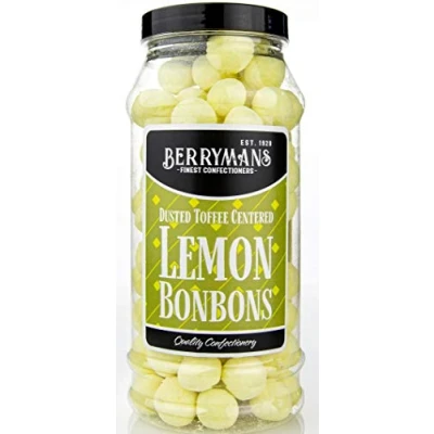 Image of Original Dusted Toffee Centered Lemon BonBons Retro Sweets Gift Jar By Berrymans Sweet Shop (Bon Bons) Classic Sweets, Traditional Taste.