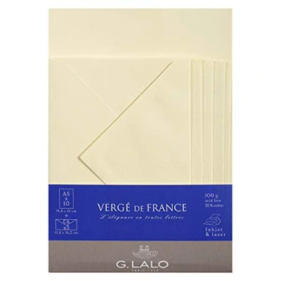 Image of Clairefontaine Ref 61416L G.Lalo Correspondence Set 10 x A5 (14.8 21cm) 100gsm Sheets + 5 Gummed Lined C6 (11.4 16.2cm) Envelopes Imperial Canvas White