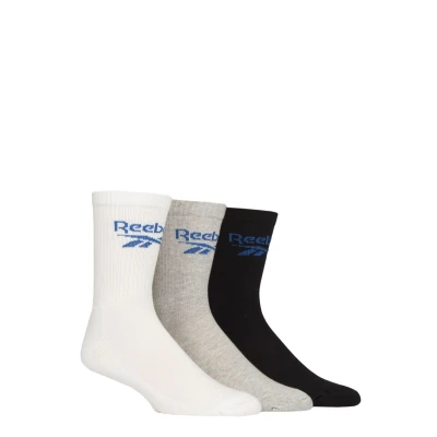 Image of Mens and Women&#039;s 3 Pair Reebok Foundation Cotton Crew Socks White / Grey Black 11 12.5 UK