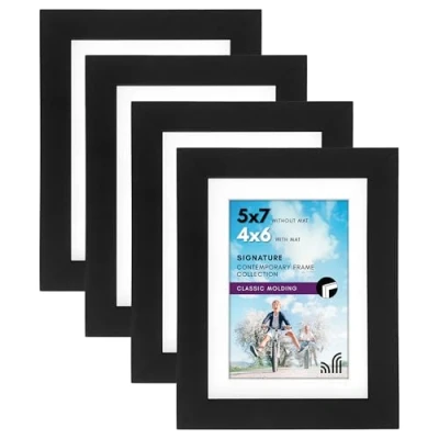 Image of Americanflat 7x5 Photo Frames in Black Set of 4 Use as 6x4 with Mount or Frame without Horizontal and Vertical Formats for Wall Tabletop